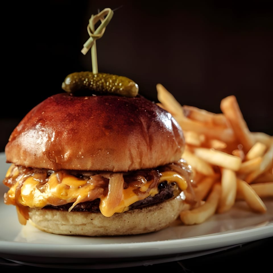 A Lexie's Bistro burger with melted cheese, caramelized onions, and a pickle, served with fries.