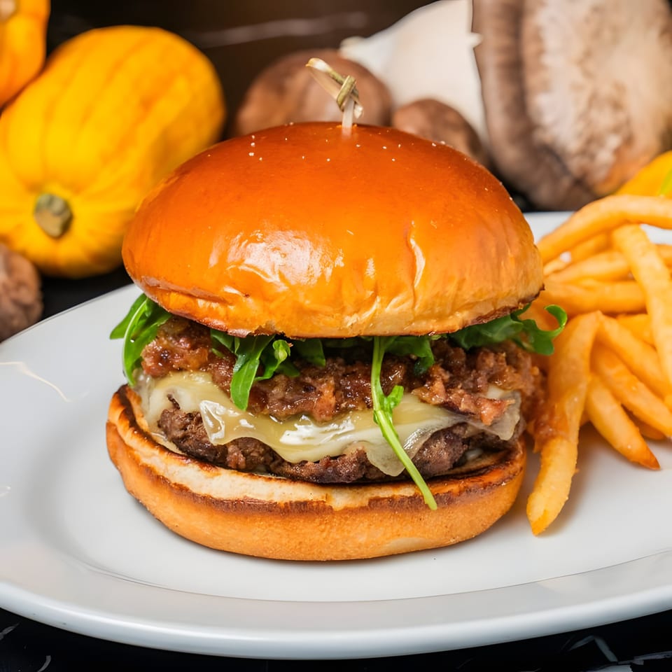 A Lexie's Bistro burger with cheese, caramelized onions, and arugula, served with fries.