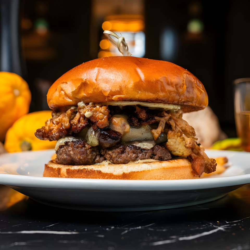 Close-up of a Lexie's Bistro burger with cheese, mushrooms, and caramelized onions on a brioche bun.