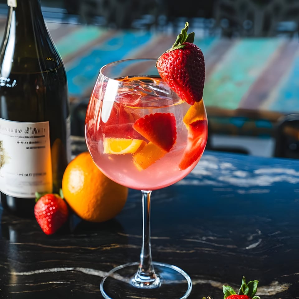 A refreshing pink cocktail with strawberries and orange slices, next to a wine bottle on a dark counter.