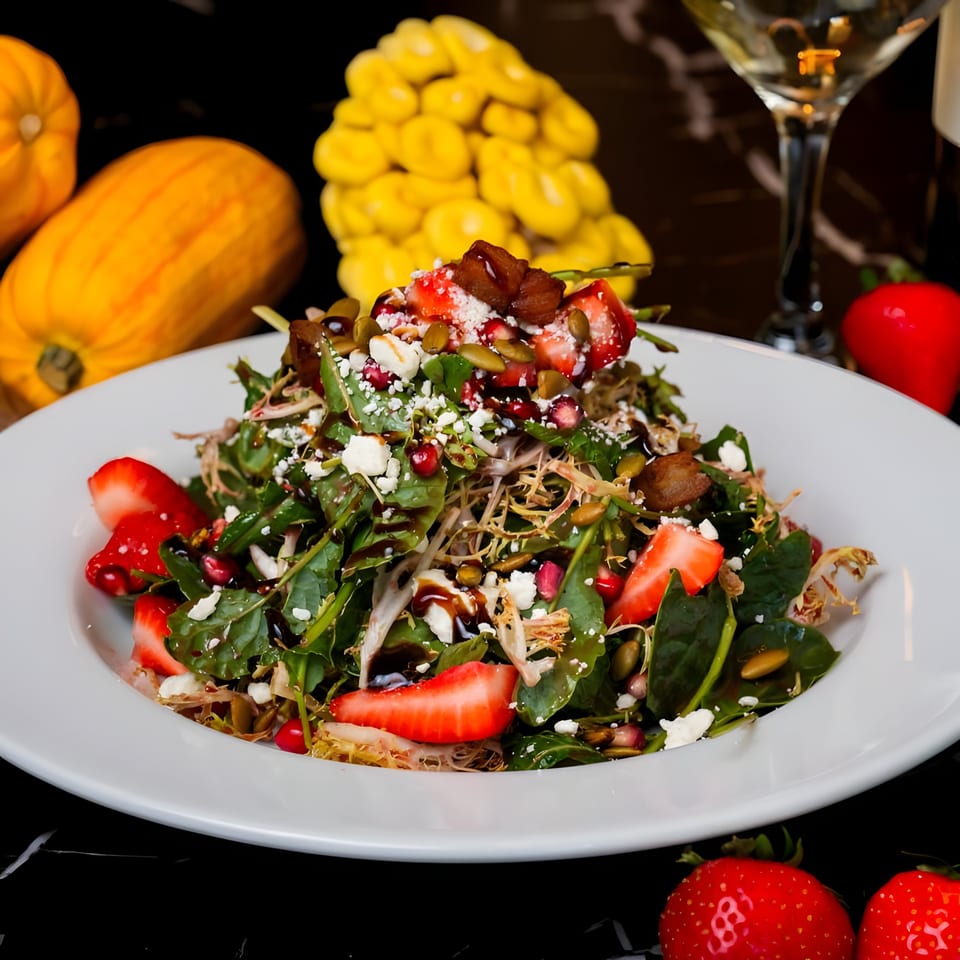 Lexie's Bistro salad with strawberries, feta, pomegranate, and pumpkin seeds on a white plate.