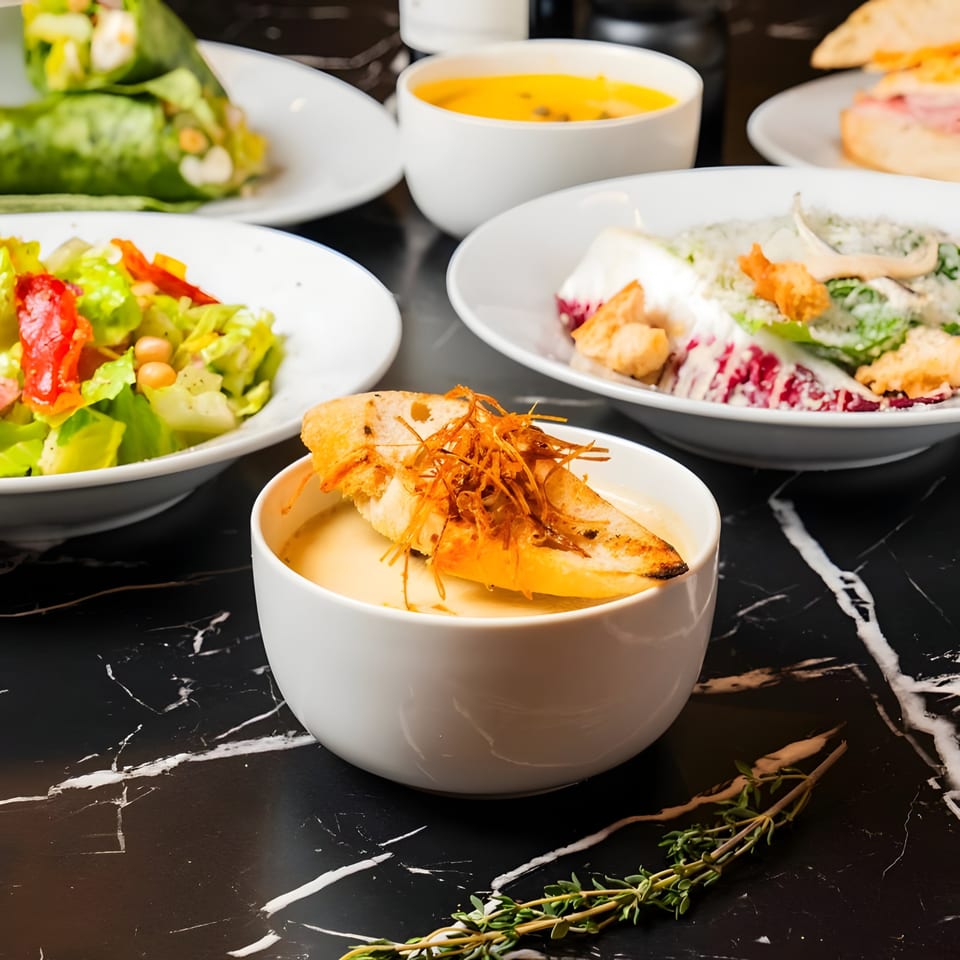 Creamy soup with toasted bread and fried onions, surrounded by various salads on a marble table.