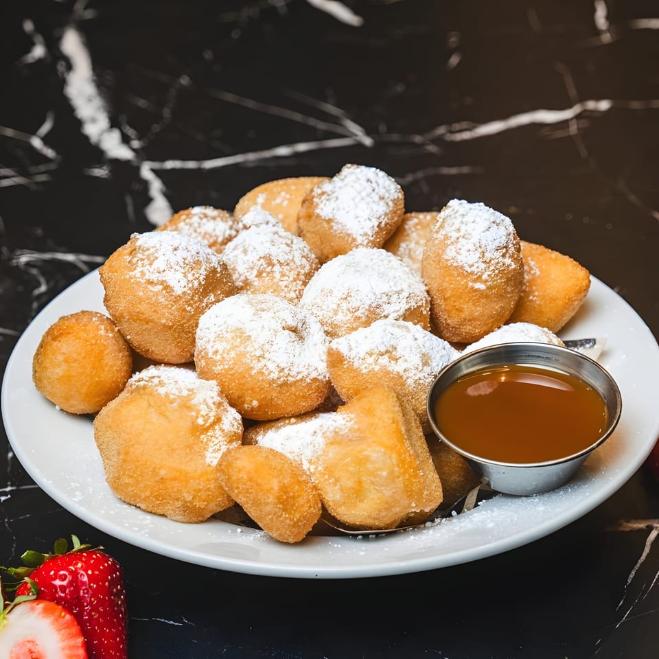A plate of golden-brown Italian zeppole, dusted with powdered sugar, served with a side of caramel sauce.